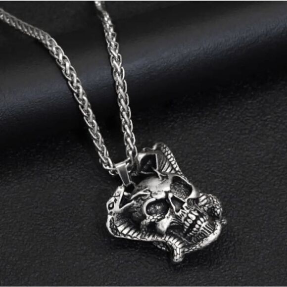 Skull Double Snake Stainless Steel Unisex Pendant Necklace - Picture 4 of 9